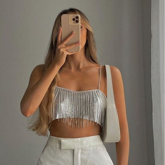 ZARA RHINESTONE FRINGE CROP TOP NWT - Picture 1 of 9